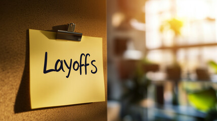 A  "Layoffs" sign written on a piece of yellow notepad paper, pinned to a bulletin board.