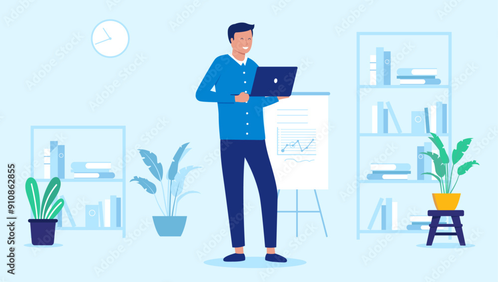 Poster man with laptop smiling - business person standing indoors in office holding laptop in hands, smilin