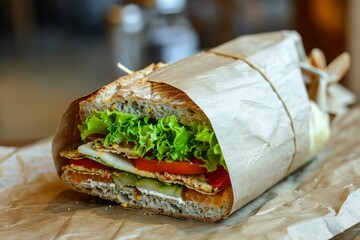 A detailed image capturing a sandwich close up and wrapped in paper, showcasing its ingredients and presentation, Vegetarian sandwich made with multigrain bread in a paper wrap, AI Generated