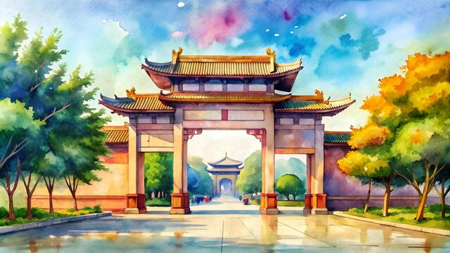 The Iconic Gate of Knowledge: A Vibrant Watercolor Depiction of ITB's Main Entrance  Generative AI