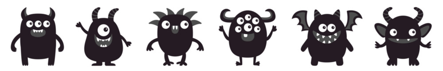Cute monster set line. Happy Halloween. Cartoon kawaii funny baby character icon. Black silhouette. Horns, wings, fang teeth, eyes. Sticker print. Childish style. Flat design. White background. Vector