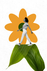 Vertical poster collage young cheerful girl walk confident step flower green fresh leaf plant flora march holiday celebration © deagreez