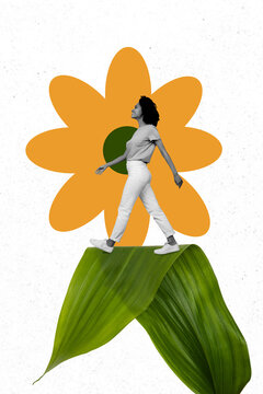 Vertical poster collage young cheerful girl walk confident step flower green fresh leaf plant flora march holiday celebration