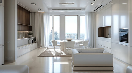 Fototapeta premium Modern interior design, kitchen of an apartment in a new building, minimalistic modern elegant style, white kitchen. Generative AI.