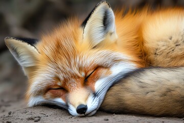Close-up of a red fox sleeping peacefully.