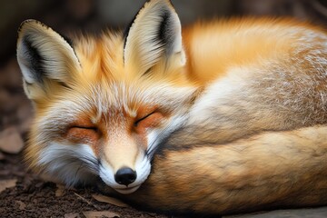 A red fox curled up and sleeping in the forest.
