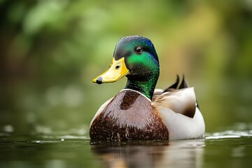 Fototapeta premium A male mallard duck swimming in a pond with a green background.