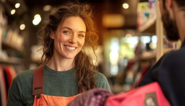 A cheerful woman with long hair smiles warmly, interacting with a customer in a vibrant retail environment filled with products.