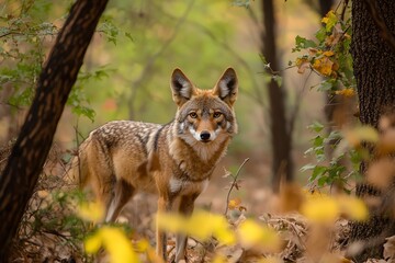 Obraz premium A coyote stands in a forest, looking directly at the camera.