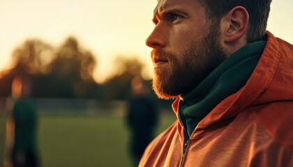 Fototapeta premium A focused athlete in an orange jacket gazes thoughtfully during a sunset training session on the field.