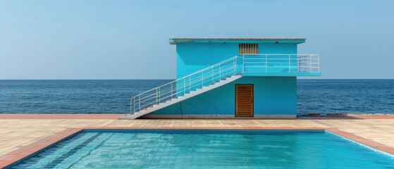 Fototapeta premium Bright blue lifeguard tower by the calm sea, overlooking an empty outdoor swimming pool on a clear sunny day.