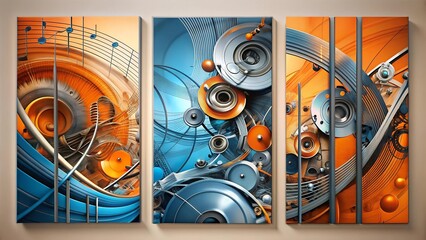 Abstract Wall Art Featuring Modern and Industrial Design Elements, with Colors Orange, Blue, and Gray, Includi  AI generated