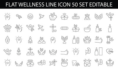 Flat line wellness icon 50 set editable vector 