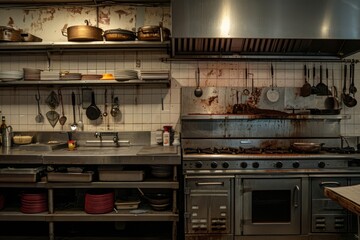 Messy Kitchen With Abundant Cooking Utensils, Vintage restaurant kitchen with weathered appliances and zero presence of people, AI Generated