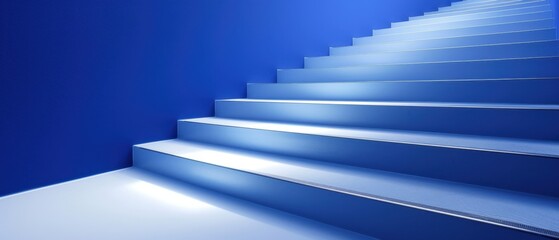Obraz premium Modern blue stairway with spotlight illumination, showcasing minimalist architecture and abstract design in sleek, monochromatic tones.