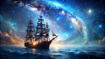 Fototapeta premium Celestial Voyage: A Pirate Ship Navigates the Bioluminescent Sea Under a Galaxy of Stars generative AI