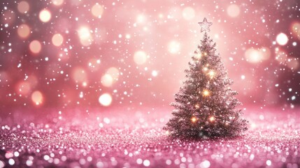 Shiny Christmas tree glowing with golden lights, on pink Shiny Christmas tree glowing with golden lights