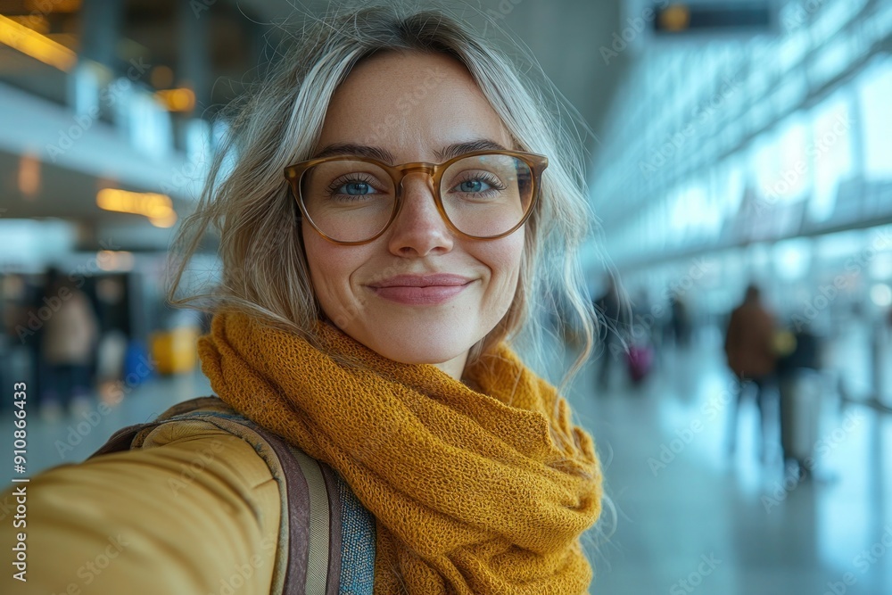 Wall mural woman at an airport terminal taking selfie, ready for her journey.