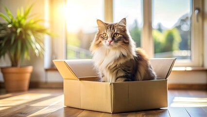 A Feline's Cozy Hideaway: A Cat in a Cardboard Box in a Sun-Drenched Living Room  Generative AI