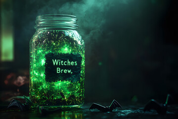 A mysterious, glowing green jar labeled "Witches Brew," perfect for Halloween decor and creating a magical, mystical atmosphere