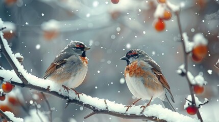 Snowfall enveloping a winter scene with two birds perched on branches. Generative AI.