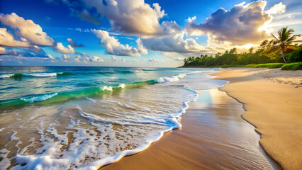 Amazing nature beach with palm trees and moody sky. Summer vacation travel holiday background.  Luxury travel summer holiday tourism. Sunny coast fantastic Scene