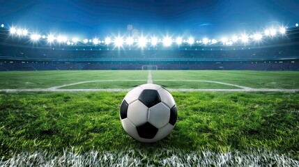 A black and white soccer ball sits on the green grass in front of a stadium lit up with bright lights.