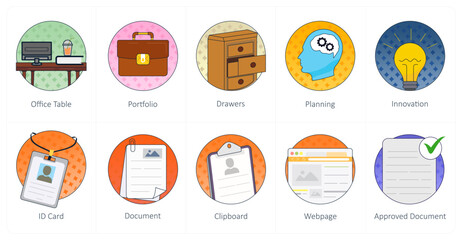 A set of 10 Mix icons as office table, portfolio, drawers