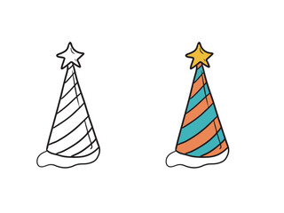 Happy birthday celebration with a birthday hat with star isolated on white. Hand drawn vector sketch illustration in doodle engraved vintage line art style. Holiday concept, equipment, coloring book