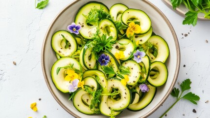 Zucchini spirals in a stylish bowl, adorned with edible flowers and fresh herbs, a modern take on culinary presentation