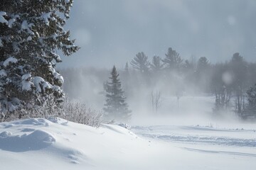 A winter landscape featuring a field covered in snow, with tall trees visible in the distance, Whirling snow in a tranquil blizzard, AI Generated