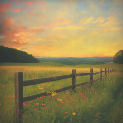Fototapeta premium Countryside Sunset with Wildflowers