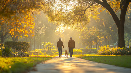 Serene Family Stroll: Elderly Couple Walking Dog with Loved Ones in Lush Park Setting