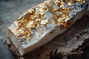 A detailed view of a piece of food placed on a rustic wooden surface, Whole Stilton Cheese covered in edible gold leaf, AI Generated