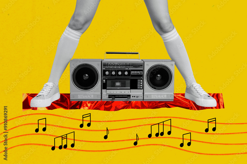 Canvas Prints Creative image collage woman legs body fragment feet audio player boombox melody listen playlist album party entertainment