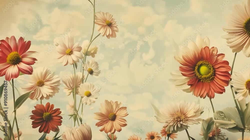 Poster this colorful daisies bloom under a cloudy sky, creating a tranquil atmosphere.