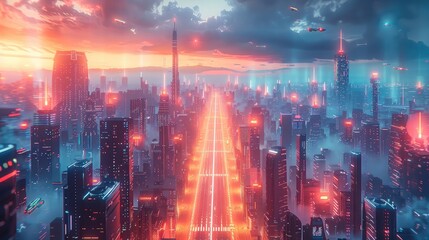 A futuristic city skyline with glowing neon signs, flying cars, and a grid-pattern road leading to the horizon. Aerial high view. Generative AI.