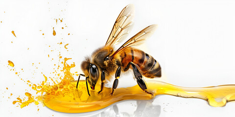 Honeybee on Honeycomb with Honey Droplets