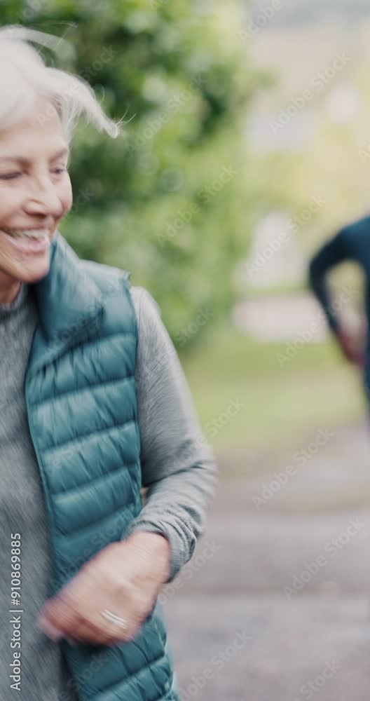 Wall mural Senior couple, running and race for retirement, wellness and cardio training outdoor as fitness. Elderly people, happy and conversation for workout, exercise and health in nature as fun challenge