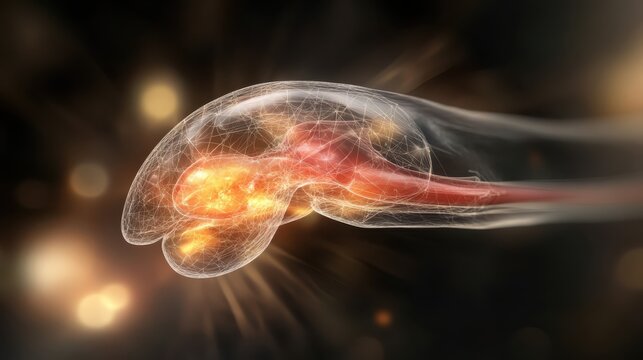 Illustration of the human pancreas with a glowing effect, showcasing its structure and emphasizing important features in a dark background
