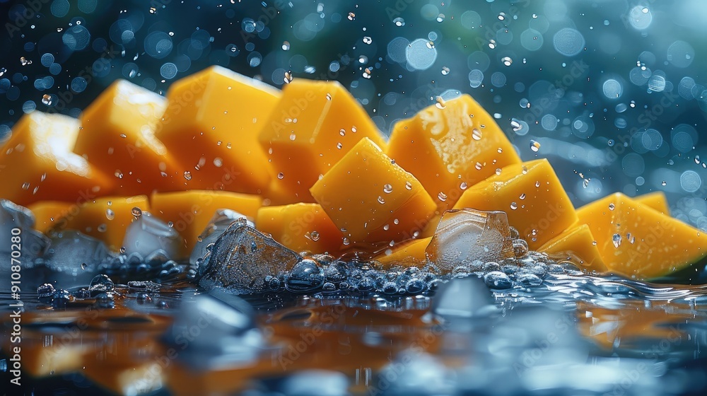 Poster a cut mango and water, ice cubes, interesting complexity of colors, soft light. generative ai.