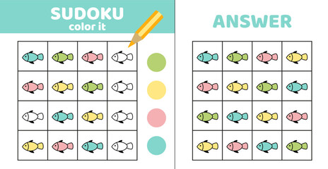 Coloring sudoku. Fish. Sudoku with four fish. Cartoon.