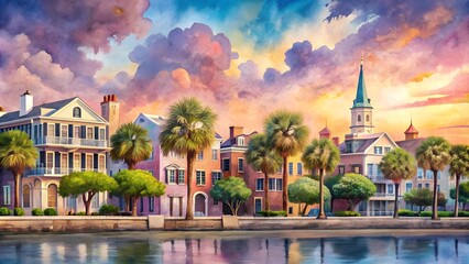 Obraz premium Charleston's Pastel Symphony: A Watercolor Dream Generative AI