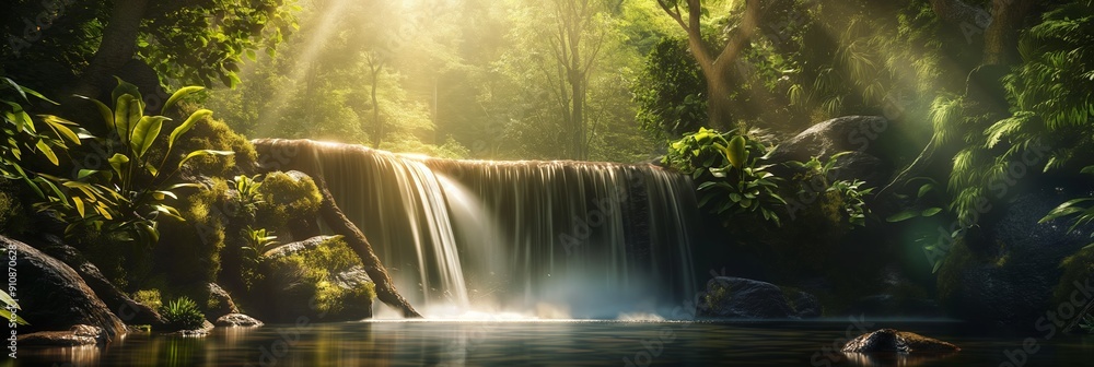 Poster a scenic waterfall cascades into a pool within a lush, green forest, bathed in sunlight filtering th