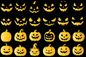 Halloween pumpkin faces vector set, jack o lanterns illustration, spooky collection, eerie, scary, glowing on black background, pumpkin vector design for festive, autumn, decoration, party night