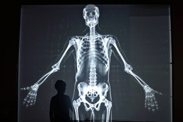 A man stands in front of a wall projection of a skeleton, observing the intricate details, X-ray projection of the entire body, AI Generated