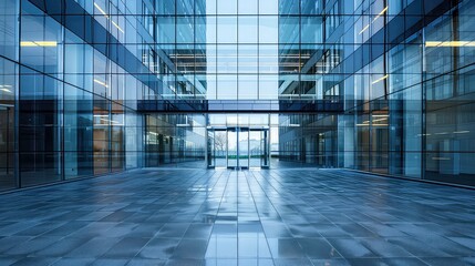 A modern office building with a glass facade and an open doorway leading into a tiled entrance area.