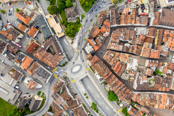 Chur, Switzerland: Aerial overhead drone view of Chur old town in Canton Graubunden in the alps in Switzerland