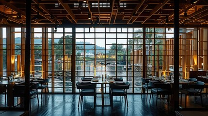 A modern floating restaurant serving luxury cuisine in, with a minimalistic interior, crowded with black dining tables and chairs that have dark gray metal legs. Generative AI.