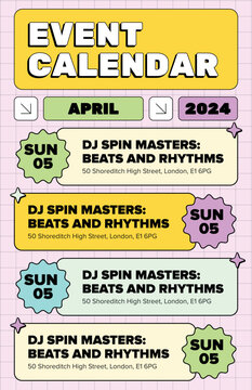 Poster with event schedule  in bright colors, brutalism, modern, yellow, blue, green, prominent eye-catching title 
